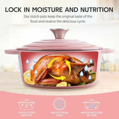 6 Quart Dutch Oven Enameled Cast Iron with Lid - Big Dual Handles - Oven Safe up to 500°F - Classic Round Pot for Versatile Cooking Pink