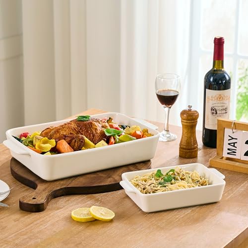 Casserole Dishes For Oven, Ceramic Baking Dishes 15.7"/12.3"/9.4", Large Lasagna Baking Dish with Handle, Ceramic Bakeware Set for Cooking Deep Baking Pan Set of 3 White