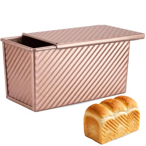 Spmarkt Pullman Loaf Pan with Lid, Aluminized Steel 1 Lb Nonstick Sandwich Bread Pan for Homemade Bread, 8.4x4.8 Inch Professional Rectangular Loaf Pan with Dough Scraper and Cutter