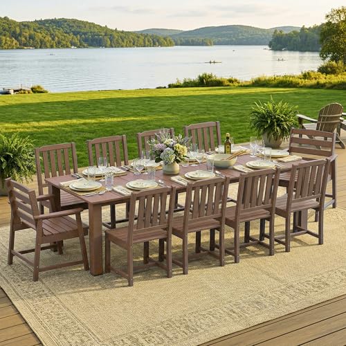 LOUNZY 11 Pieces Patio Dining Sets, 90'' Table Outdoor HDPE Furniture Set w/ 2" Hole Cut-Out Dining Table with 10 Patio Chairs(2 W/Armrest, 8 w/o Armrest), Brown