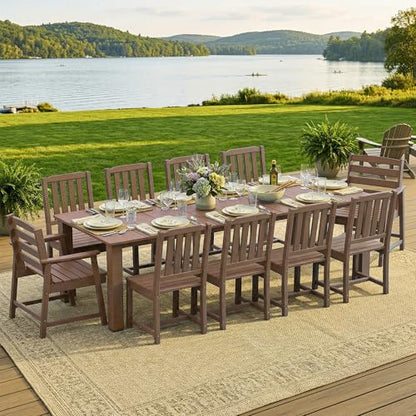 LOUNZY 11 Pieces Patio Dining Sets, 90'' Table Outdoor HDPE Furniture Set w/ 2" Hole Cut-Out Dining Table with 10 Patio Chairs(2 W/Armrest, 8 w/o Armrest), Brown