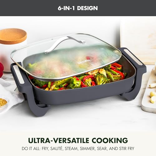GreenPan Advanced 12” X 15” Electric Skillet with Lid, 7QT Capacity for Family Meals, Healthy Ceramic Nonstick PFAS-Free Coating, Fry, Sauté, Steam, Simmer, Sear, Stir Fry, Dishwasher Safe, Graphite