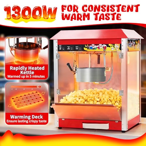 Commercial Popcorn Machine, 10 Oz Kettle, 1300W Countertop Popcorn Maker for 60 Cups per Batch, Movie Theater Popcorn Popper with 3-Switch Control, 2 Scoops 1 Cup (21.3"L * 14.4"W * 26"H)