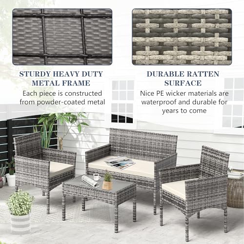 BUPPLEE 4 Pieces Patio Furniture Set, Outdoor Wicker Rattan Patio Conversation Furniture Set with Waterproof Cushion and Table for Lawn Poolside Backyard Garden Balcony Porch