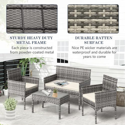 BUPPLEE 4 Pieces Patio Furniture Set, Outdoor Wicker Rattan Patio Conversation Furniture Set with Waterproof Cushion and Table for Lawn Poolside Backyard Garden Balcony Porch