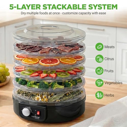 NutriChef Electric Countertop Food Dehydrator - Professional Multi-Tier Food Preserver - Dehydrates Fish, Meats, Mushrooms, Fruits & Vegetables - 5 Easy to Clean Stackable Trays., One Size, Black