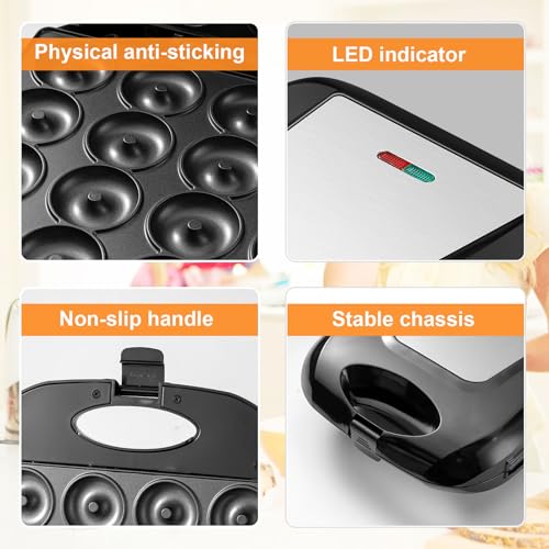 2026 Mini Donut Maker Machine for Home, Kid-Friendly 16-Hole Electric Doughnut and Pancake Maker with Non-Stick Surface, Ideal for Homemade Doughnuts (Black with Mini Oven Gloves & Brush)