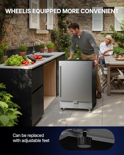 Upstreman 24 Inch Outdoor Refrigerator, 170 Can Under Counter Refrigerator with Stainless Steel Door, Weatherproof, LED Light, Beverage Fridge for Home, Patio or Commercial Use-BR50