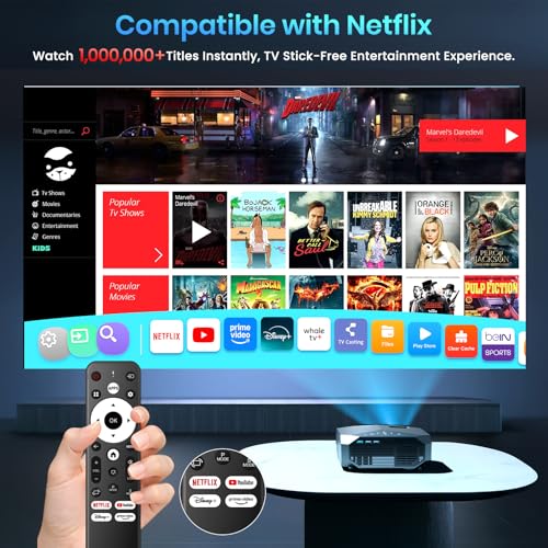 [Compatible with Netflix/High Brightness] Smart Projector with WiFi 6 and Bluetooth 5.3, 4K Outdoor Movie Projector with Prime Video/YouTube, Portable Proyector Compatible with HDMI/USB/iOS/Android