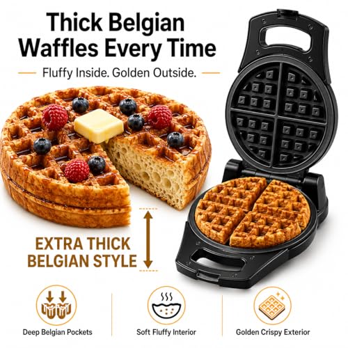 Moss & Stone Belgian Waffle Maker – Rotating Flip Design, 8-Inch Electric Waffle Iron, Non-Stick Grids for Easy Release & Clean, Adjustable Temperature, Compact Upright Storage, Black