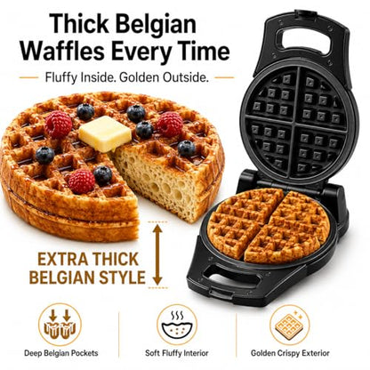 Moss & Stone Belgian Waffle Maker – Rotating Flip Design, 8-Inch Electric Waffle Iron, Non-Stick Grids for Easy Release & Clean, Adjustable Temperature, Compact Upright Storage, Black