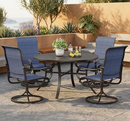 PHI VILLA 5 Piece Outdoor Patio Dining Set with 4 Padded Swivel Dining Chairs & 1 Large Round Dining Table, All Weather Blue Chair and Metal Table for Deck Lawn Garden