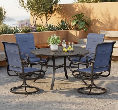 PHI VILLA 5 Piece Outdoor Patio Dining Set with 4 Padded Swivel Dining Chairs & 1 Large Round Dining Table, All Weather Blue Chair and Metal Table for Deck Lawn Garden
