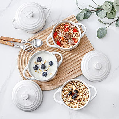 HVH 12 oz Ramekins with Lids, Mini Casserole Dish with Lid Oven Safe, Small Casserole Dish Set, Oven Safe Bowls, Mini Baking Dishes for Oven with Lids, Farmhouse Style (White)