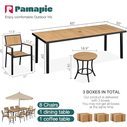 Pamapic 10-Piece Outdoor Dining Set, Patio Aluminum Furniture with Plastic-Wood Table Top & 8 Stackable Chairs, Outdoor Furniture Set for Patio Garden Poolside (Teak)
