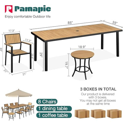 Pamapic 10-Piece Outdoor Dining Set, Patio Aluminum Furniture with Plastic-Wood Table Top & 8 Stackable Chairs, Outdoor Furniture Set for Patio Garden Poolside (Teak)