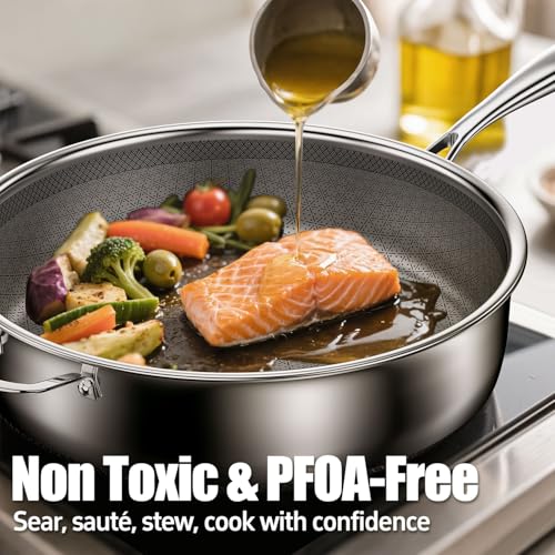 KURRUNGIE 5 Qt Sauté Pan with Lid, 10-inch 5 Ply Stainless Steel Sauce Pan with Lid, Non Stick Frying Pans, Cooking Pot Deep Frying Pan Non-Toxic, For Induction, Oven, Dishwasher Safe