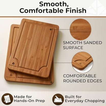 Wooden Cutting Board Set of 3 - Thick & Durable Bamboo Wood Cutting Boards for Kitchen - with Deep Juice Grooves & Built-In Handles - Large Surface, Easy to Clean - for Meat, Vegetables and Fruits