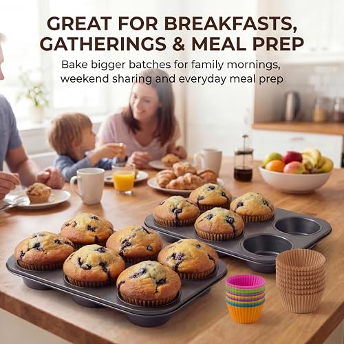 PIGOABZ 2 Pack Jumbo Muffin Pan, 6 Cup Nonstick Texas Muffin Pans with 12 Reusable Silicone Muffin Cups and 100 Paper Liners, Jumbo Cupcake Baking Pans for Large Muffins (X-Large)