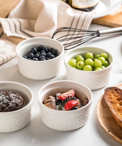 MISSYSSIM 9 oz Ramekins with Lids, Creme Brulee Ramekins Oven Safe, Small Ceramic Serving Bowls, White Custard Cups for Baking, Dipping Sauce Cups, Pinch Bowls Ideal for Birthday Party, Set of 4