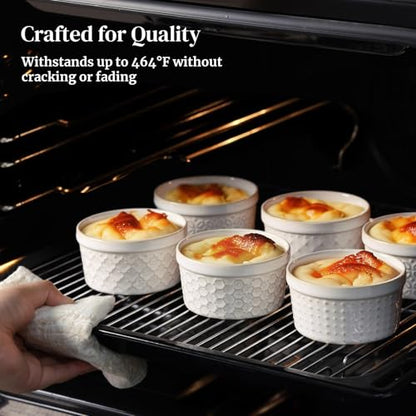 DOWAN Ramekins Oven Safe with Lids 4 oz, Charcuterie Boards Bowls Set for Creme Brulee, Souffle, Dipping Sauces, Custard Cups Ceramic Food Storage Containers, Set of 6, Beige