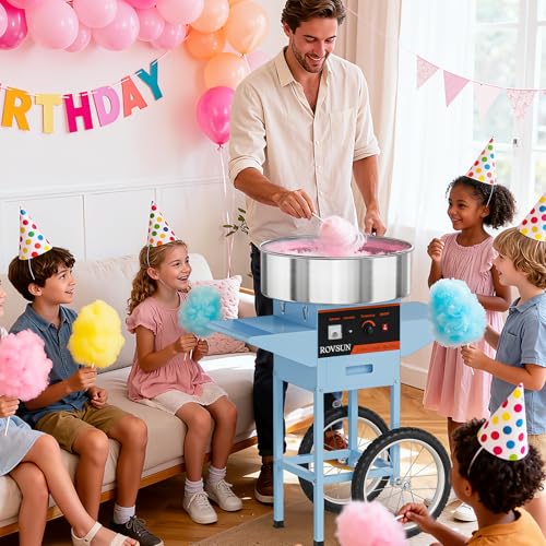 ROVSUN 21 Inch Cotton Candy Machine Cart, Commercial Cotton Candy Maker Machine Candy Floss Machine w/Stainless Steel Bowl, Sugar Scoop and Large Storage Drawer for Home Party Carnival, Blue