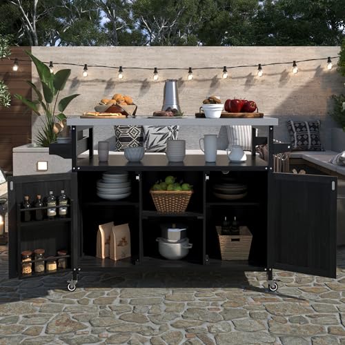 IchbinGo 43.3” Outdoor Kitchen Island with Stainless Steel Top, Solid Fir Wood Workstation with Storage Shelves Heavy Duty BBQ Grill Prep Table & Bar Cart (Black)