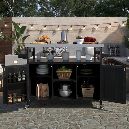 IchbinGo 43.3” Outdoor Kitchen Island with Stainless Steel Top, Solid Fir Wood Workstation with Storage Shelves Heavy Duty BBQ Grill Prep Table & Bar Cart (Black)