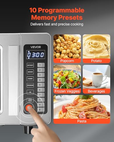 VEVOR Commercial Microwave Oven, 0.9 Cu Ft, 1000W Digital Stainless Steel Countertop Microwave Oven with Touchscreen, 10 Cooking Presets, 5 Power Levels, Multi-Lock Door & Easy Clean for Restaurants