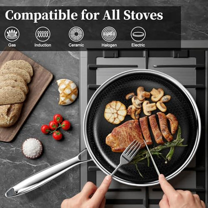 Innerwell 8 Inch Non Stick Pans, Titanium Ceramic Tri-Ply Stainless Steel Skillet Frying Pan Small Hybrid Nonstick Cooking Pan No Toxic Egg Frying Pan, Induction Compatible, PFAS/PFOA/PTFE Free