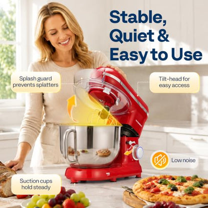 VIVOHOME 3-in-1 Stand Mixer, 6-Quart Tilt-Head Mixer, 10 Speeds, Red