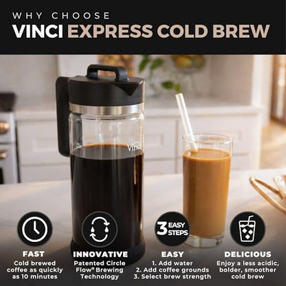 VINCI Express Cold Brew, Electric Cold Brew Coffee Maker in 10 Minutes, Glass Carafe, 3 Brew Strength Settings & Cleaning Cycle, Easy to Use & Clean 1.4 Liters Push Button Control