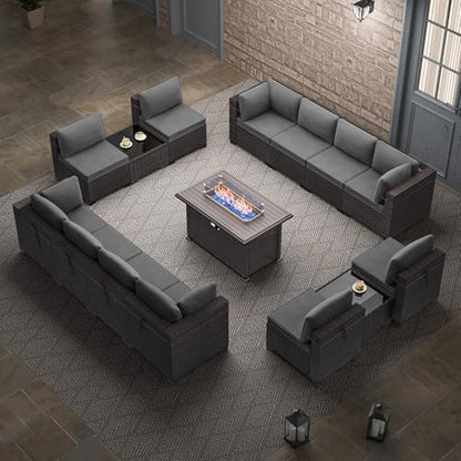RTDTD 15 Pieces Outdoor Patio Furniture Set,Outdoor Sectional Furniture with 43" 55000 BTU Gas Propane Fire Pit Table,All Weather PE Rattan Wicker Patio Conversation Set,Grey