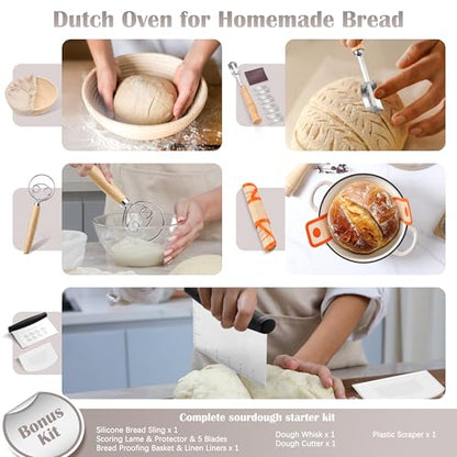 E-far Enameled Dutch Oven Pot for Bread Baking, 6QT Enameled Cast Iron Cookware with Self-Basting Lid & Sourdough Bread Baking Supplies, Heavy Duty Casserole Pot & Dual Handles-Khaki