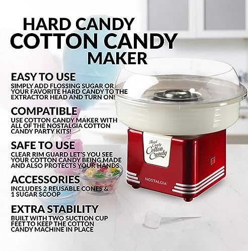Nostalgia Cotton Candy Machine - Retro Cotton Candy Machine for Kids with 2 Reusable Cones, 1 Sugar Scoop, and 1 Extractor Head – Retro Red