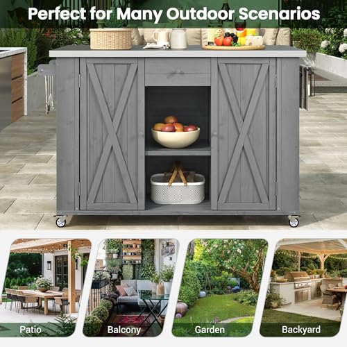 P PURLOVE Outdoor Kitchen Island with Stainless Steel Top and Ample Storage Space, Fir Wood Kitchen Cabinet with Towel, Spice Racks and a Bottle Opener for Outdoor, Grey