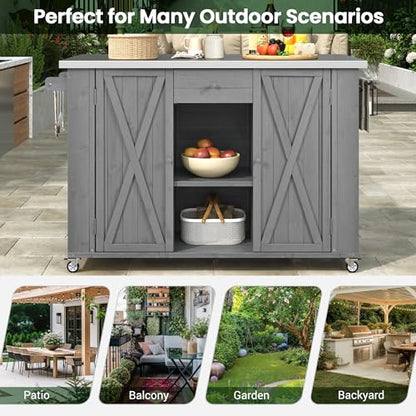 P PURLOVE Outdoor Kitchen Island with Stainless Steel Top and Ample Storage Space, Fir Wood Kitchen Cabinet with Towel, Spice Racks and a Bottle Opener for Outdoor, Grey