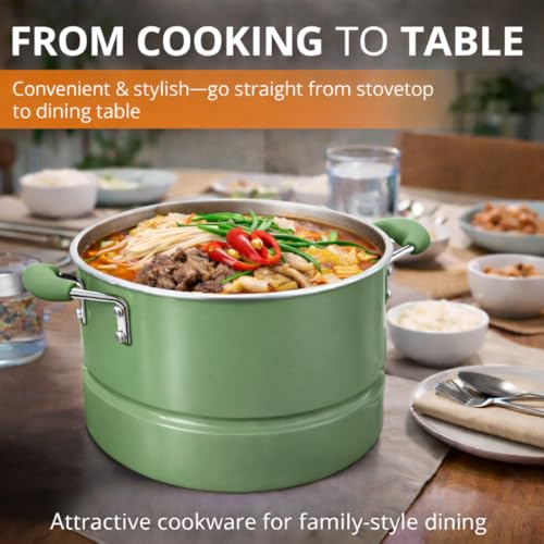 Alpine Cuisine 12-Quart Stock Pot with Lid, Aluminum Cooking Pot with Gray Ceramic Nonstick Coating for Soup, Pasta & Stews, Watercress Green