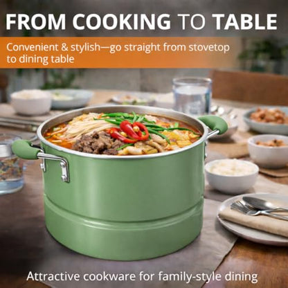 Alpine Cuisine 12-Quart Stock Pot with Lid, Aluminum Cooking Pot with Gray Ceramic Nonstick Coating for Soup, Pasta & Stews, Watercress Green
