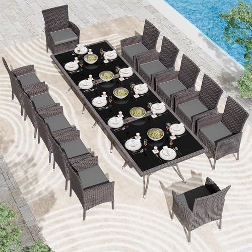 Kullavik 15 Pieces Outdoor Dining Set Patio Rattan Furniture Set,Patio Dining Table and Chairs Set with 12 Chairs and Cushions,Square Glass Tabletop with Umbrella Hole for Patio,Backyard,Grey