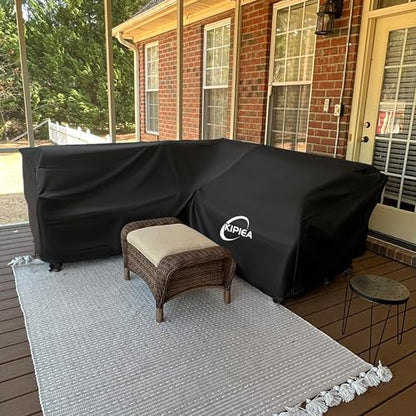 Kipiea Patio V-Shaped Sectional Sofa Cover, 420D Heavy-Duty Oxford Fabric Outdoor Sectional Cover with 6 Windproof Buckles, Anti UV and No Tears, No Fading (85"/85" L x 33.5" D x 31" H) Black