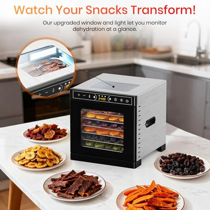 Food Dehydrator Machine, 6 Stainless Steel Trays, 400W Fruit Dehydrator with Visible Skylight, 195°F&24H Meat Dehydrator for Jerky, Pet Treats, Herbs, Fruit and Yogurt, Silver