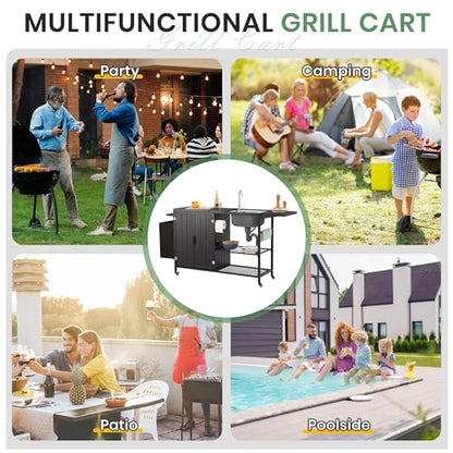 LVUYOYO Outdoor Grill Table with Stainless Steel Sink, Grill Cart Station with Cabinet, Metal Kitchen & Island Rolling BBQ Table for Garden, Patio, Backyard