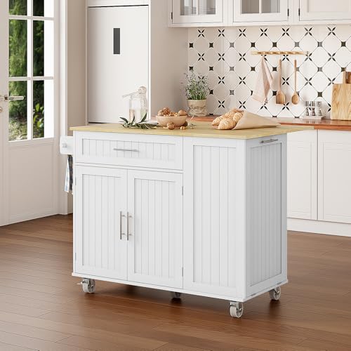 OtterOasis Kitchen Island with Storage, 43.3" Rolling Kitchen Island Cart on Wheels with Wide Drop Leaf Rubberwood Top, Large Mobile Island Table with Trash Can Storage and Towel Bar, White