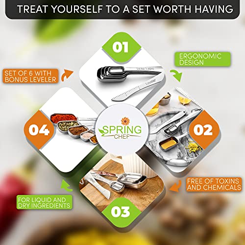 Spring Chef Stainless Steel Measuring Spoons Set of 6 with Leveler, Rectangular Metal Teaspoon & Tablespoon Measuring Spoons for Dry & Liquid Ingredients - Nesting Kitchen Gadgets For Baking & Cooking