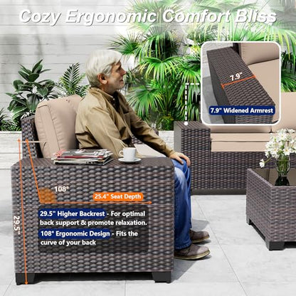 ASJMR Outdoor Patio Furniture Set, 6 Pieces Outdoor Sectional Furniture High Backrest Patio Sofa, All-Weather PE Rattan Patio Conversation Set with Coffee Table & Cushions-Sand.