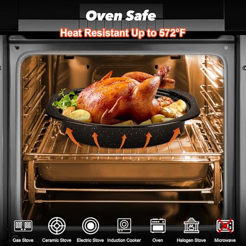 13” Roaster Pan with Lid and Rack, Small Enamel Roaster Pan with Oval Roasting Rack, Granite Baking Pot for Chicken Turkey Lamb, Heat Resistant, Oven/Dishwasher/All Stovestops Compatible