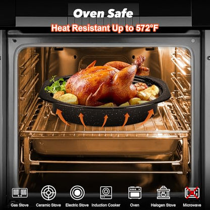 13” Roaster Pan with Lid and Rack, Small Enamel Roaster Pan with Oval Roasting Rack, Granite Baking Pot for Chicken Turkey Lamb, Heat Resistant, Oven/Dishwasher/All Stovestops Compatible