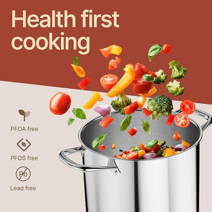 Stainless Steel Stockpot with Tempered Glass Lid 5 Quart, Durable 18/0 Stainless Steel, Impact-Bonded Base for Even Heating, Riveted Handles, Oven & All Stove Compatible, Safe Up To 500°F (260°C)