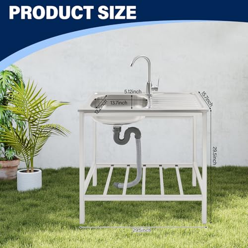 Versatile Outdoor Sink with Hose Hook Up – Heavy-Duty Stainless Steel Sink with Hose Hook Up, Large Basin, Storage Shelf & Quick Drain, Perfect for Gardens, Food Trucks, Restaurants